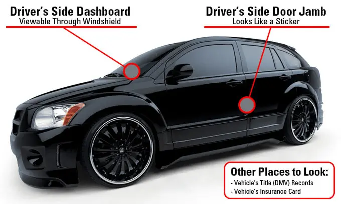 Diagram showing where to find your VIN on a vehicle